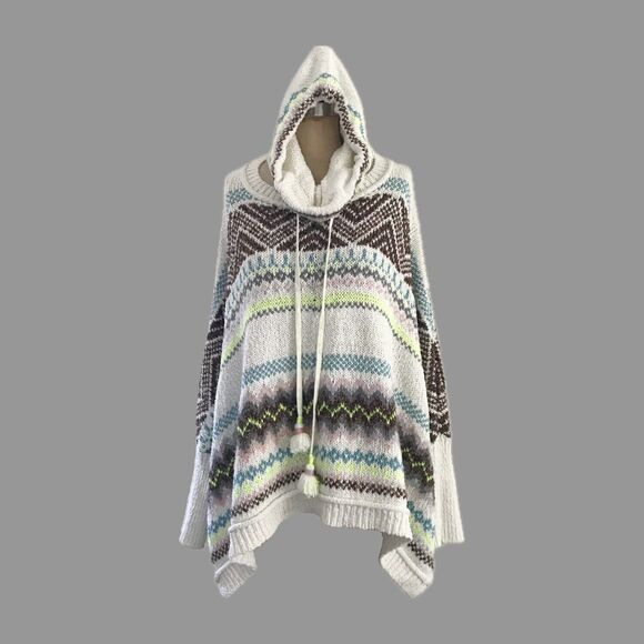 Anthropologie Ivory Fair Isle Chunky Knit Hooded Poncho Sweater XS S - Picture 1 of 8